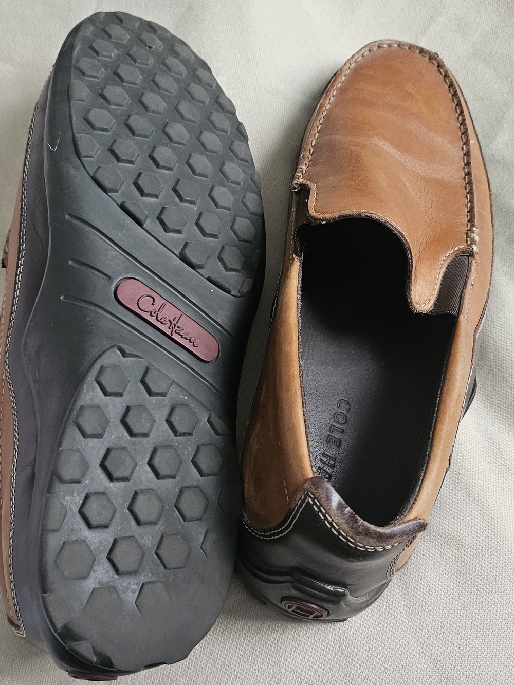 Cole Haan Tan and Dark Brown Leather Slip-On Loafers